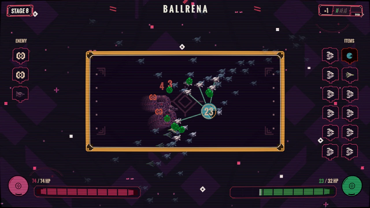 BALLRENA arena with a blue battle ball, attached weapons, enemies and visible health bars.