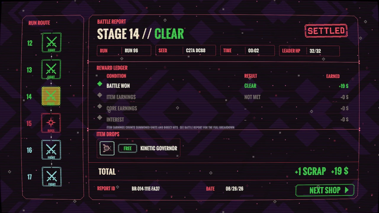 BALLRENA results screen showing a cleared stage, earned rewards and the route to the next shop.