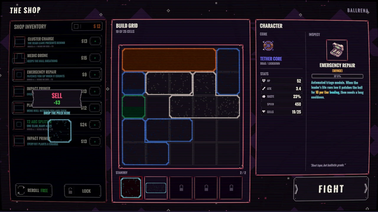 BALLRENA assembly shop with equipment for sale, a 5×5 build grid and Core information.